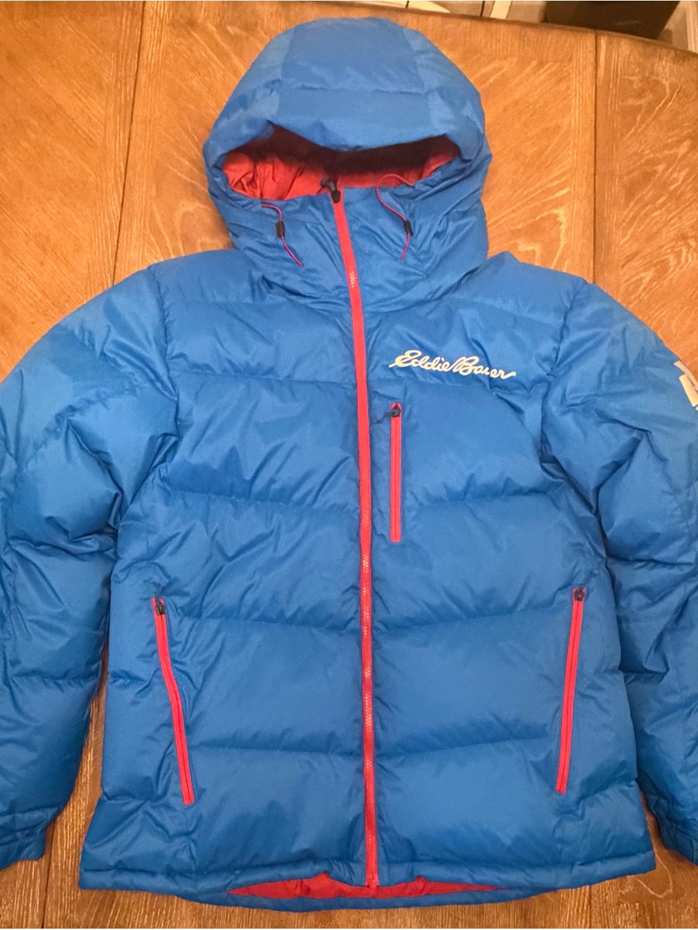Eddie Bauer Bright Blue Puffer Jacket with Red Accents